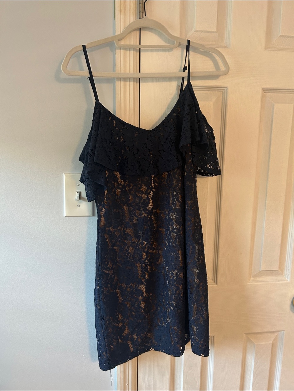 She + Sky Navy Lace Mini Dress with Tan Lining